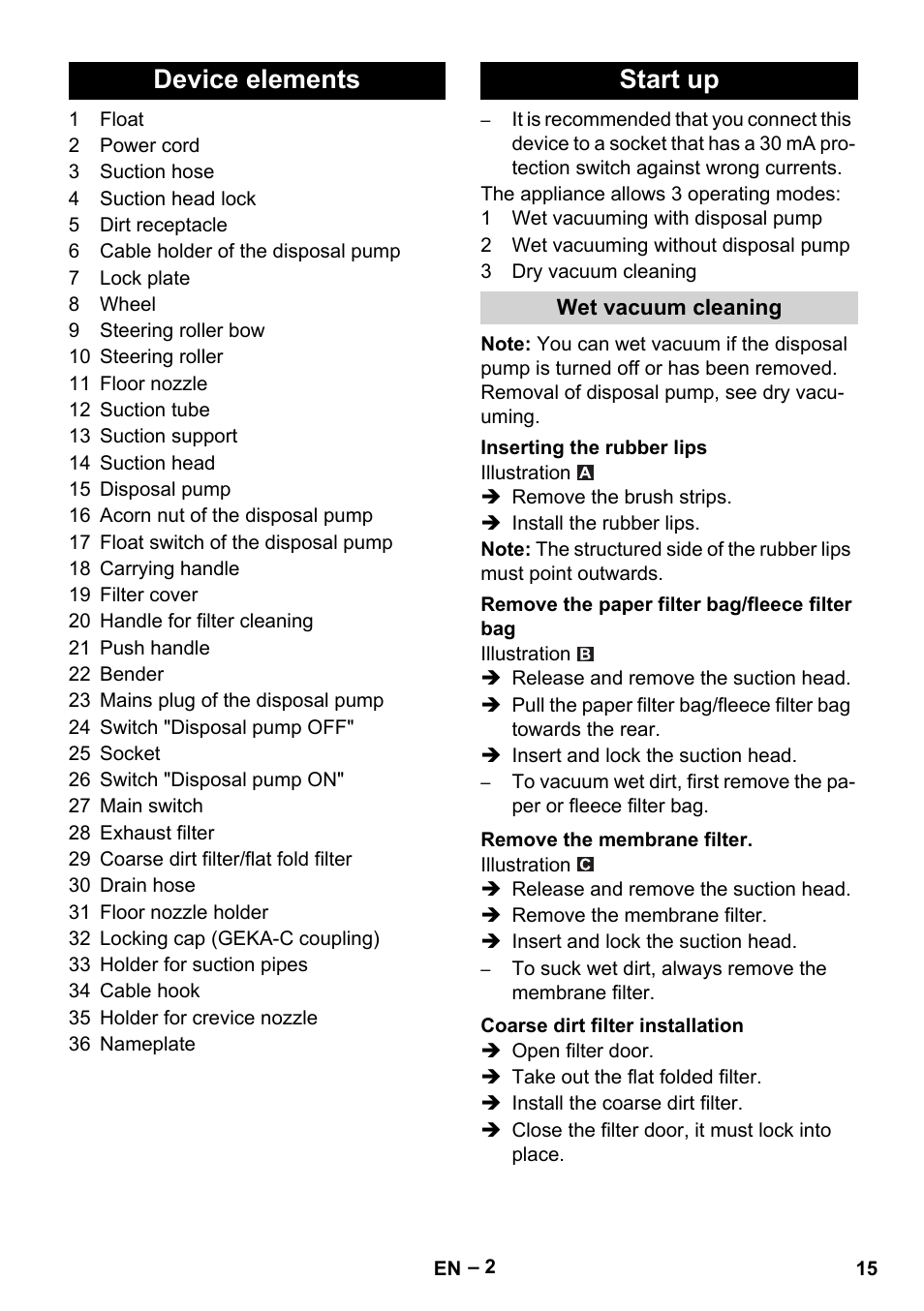 Device elements start up | Karcher NT 611 Eco K User Manual | Page 15 / 204