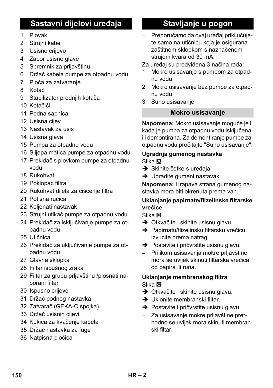 Sastavni dijelovi uređaja stavljanje u pogon | Karcher NT 611 Eco K User Manual | Page 150 / 204