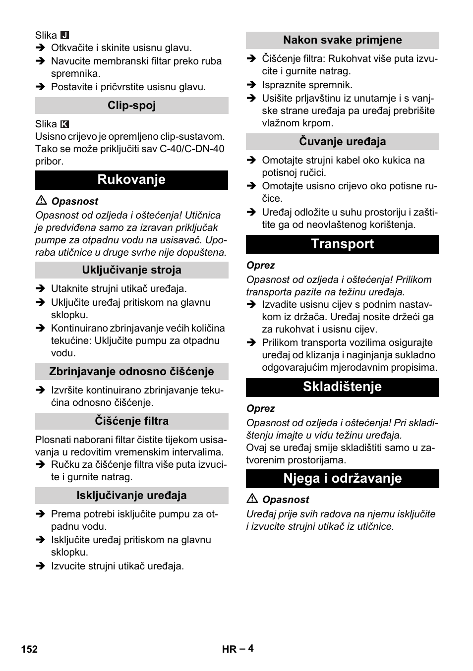 Rukovanje, Transport skladištenje njega i održavanje | Karcher NT 611 Eco K User Manual | Page 152 / 204