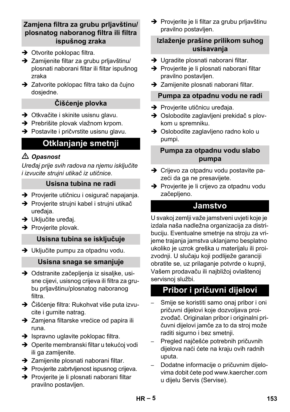 Otklanjanje smetnji, Jamstvo pribor i pričuvni dijelovi | Karcher NT 611 Eco K User Manual | Page 153 / 204