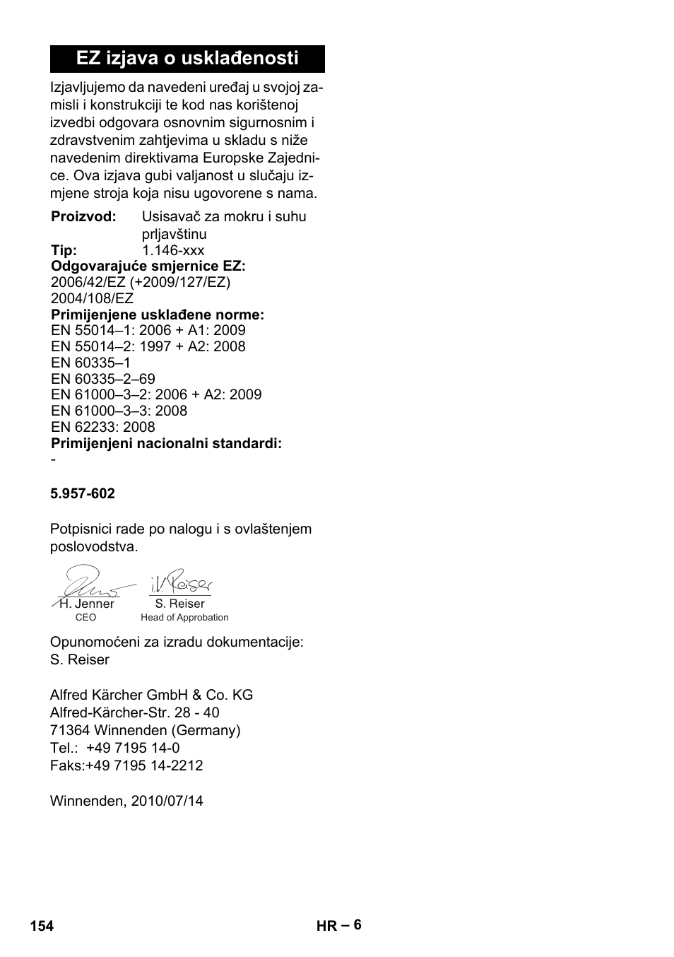 Ez izjava o usklađenosti | Karcher NT 611 Eco K User Manual | Page 154 / 204