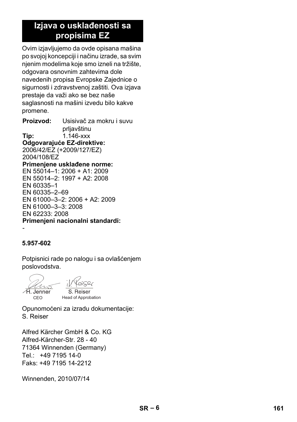 Izjava o usklađenosti sa propisima ez | Karcher NT 611 Eco K User Manual | Page 161 / 204