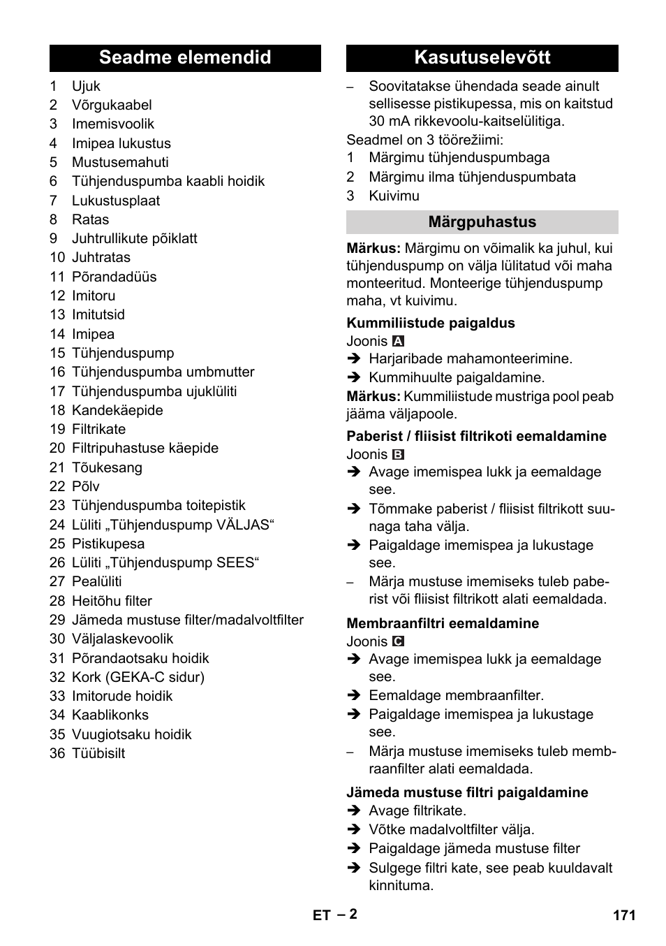 Seadme elemendid kasutuselevõtt | Karcher NT 611 Eco K User Manual | Page 171 / 204