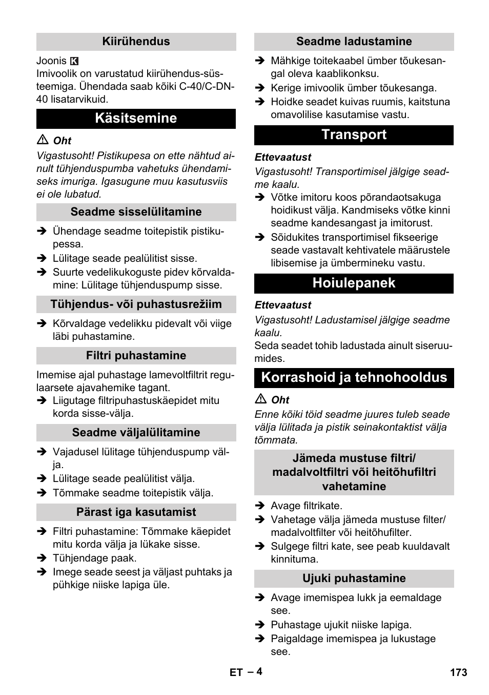 Käsitsemine, Transport hoiulepanek korrashoid ja tehnohooldus | Karcher NT 611 Eco K User Manual | Page 173 / 204