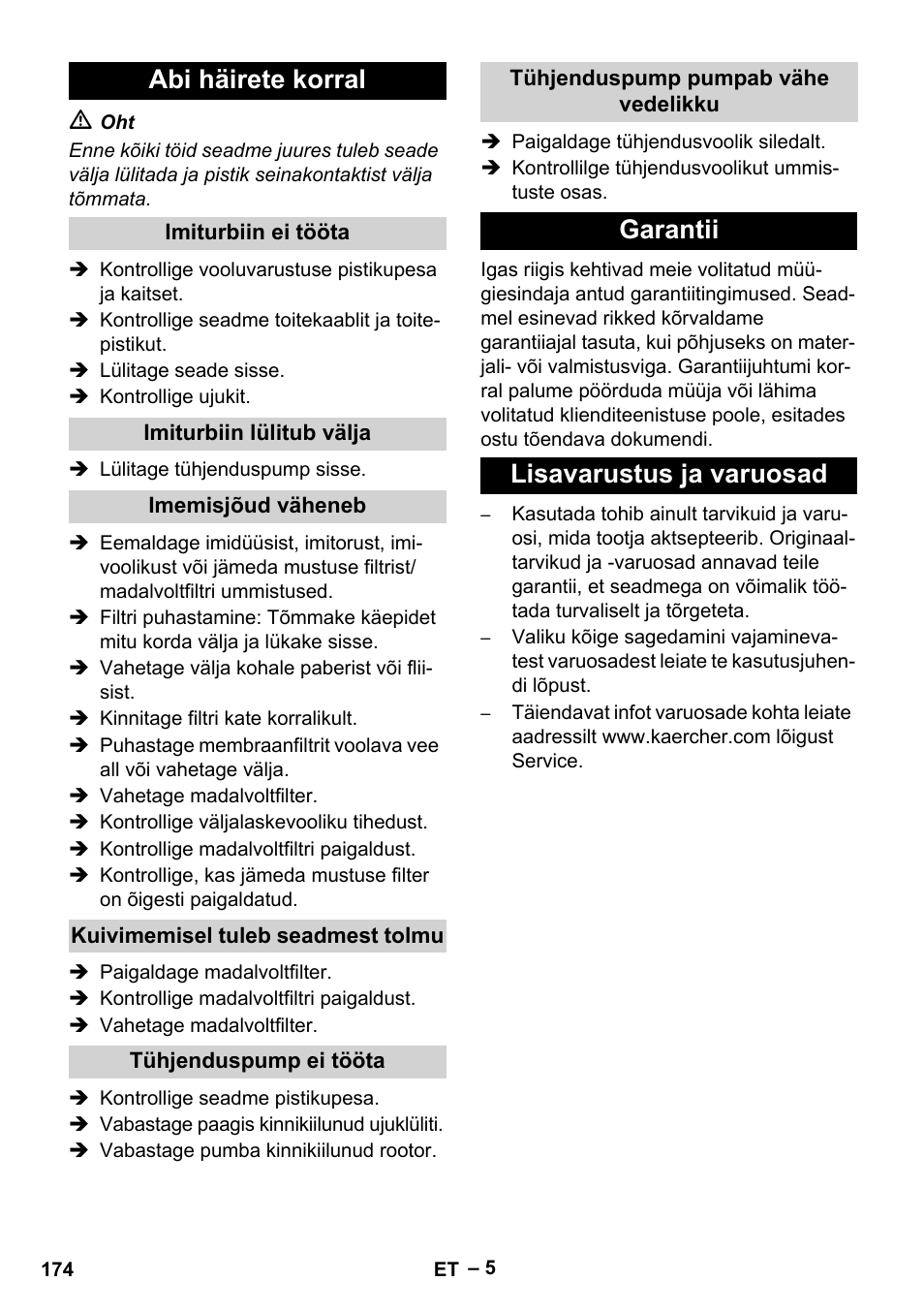 Abi häirete korral, Garantii lisavarustus ja varuosad | Karcher NT 611 Eco K User Manual | Page 174 / 204