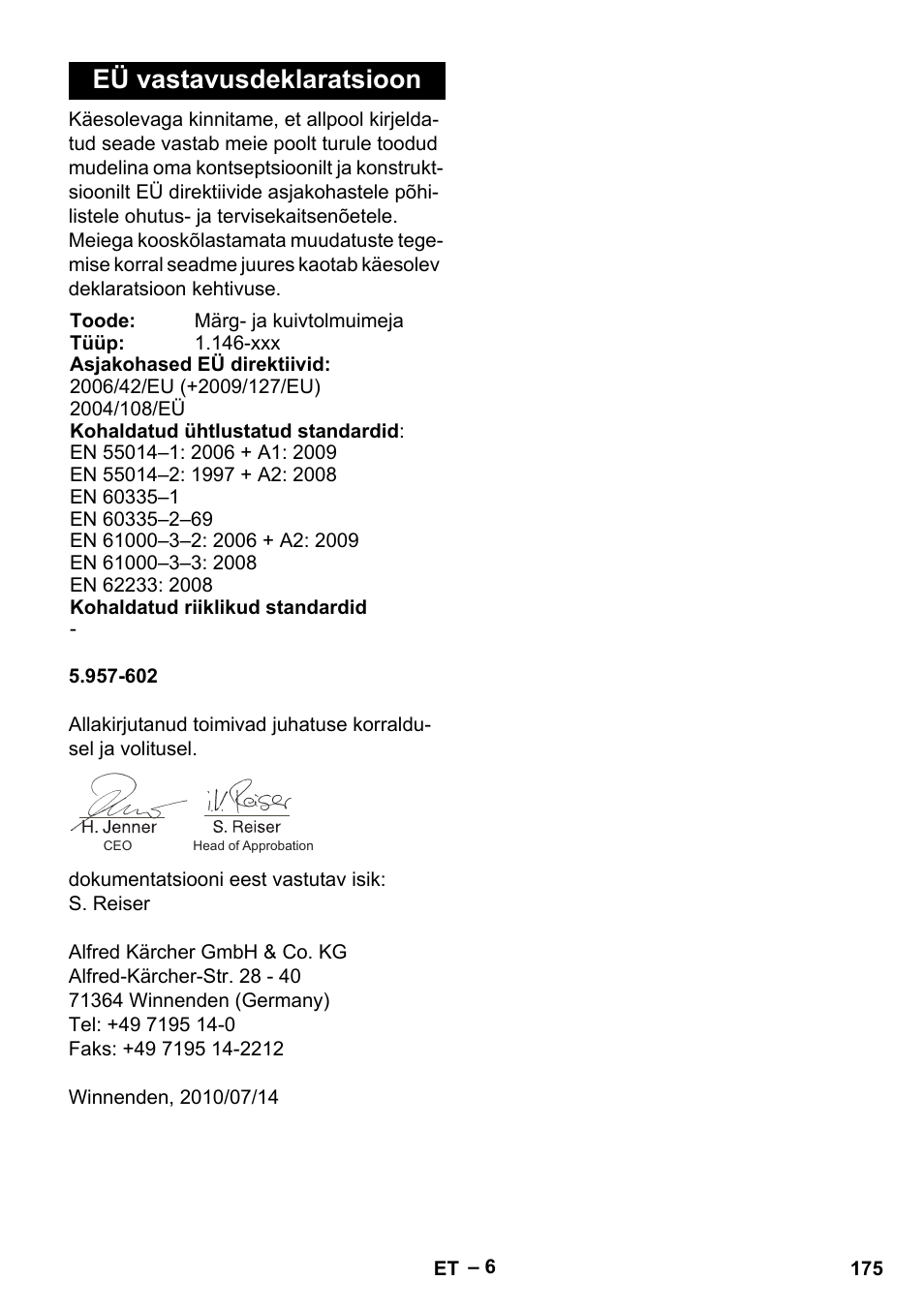 Eü vastavusdeklaratsioon | Karcher NT 611 Eco K User Manual | Page 175 / 204