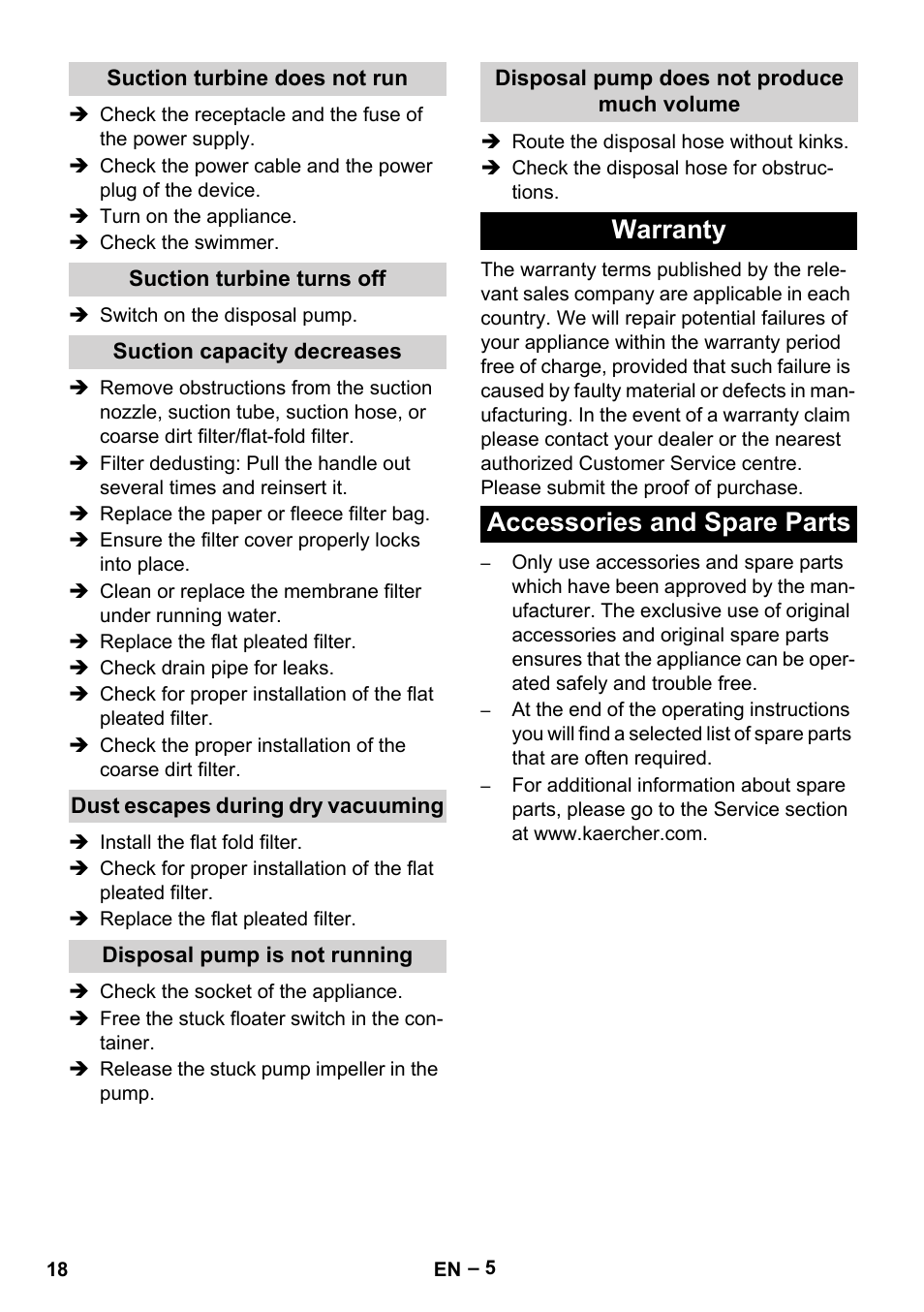 Warranty accessories and spare parts | Karcher NT 611 Eco K User Manual | Page 18 / 204