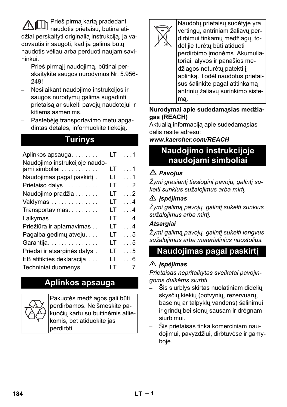 Lietuviškai, Turinys, Aplinkos apsauga | Karcher NT 611 Eco K User Manual | Page 184 / 204