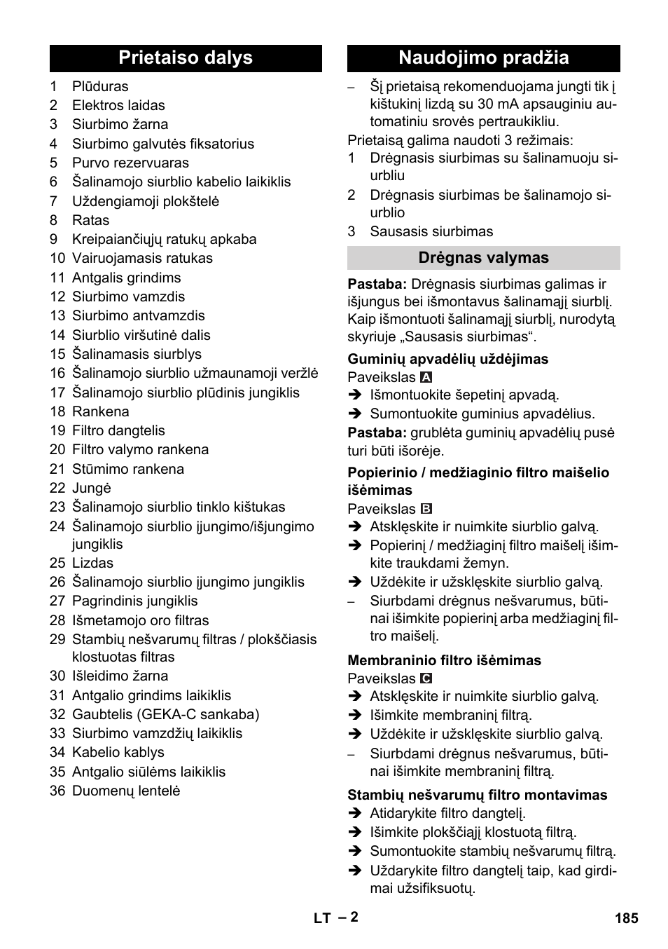 Prietaiso dalys naudojimo pradžia | Karcher NT 611 Eco K User Manual | Page 185 / 204