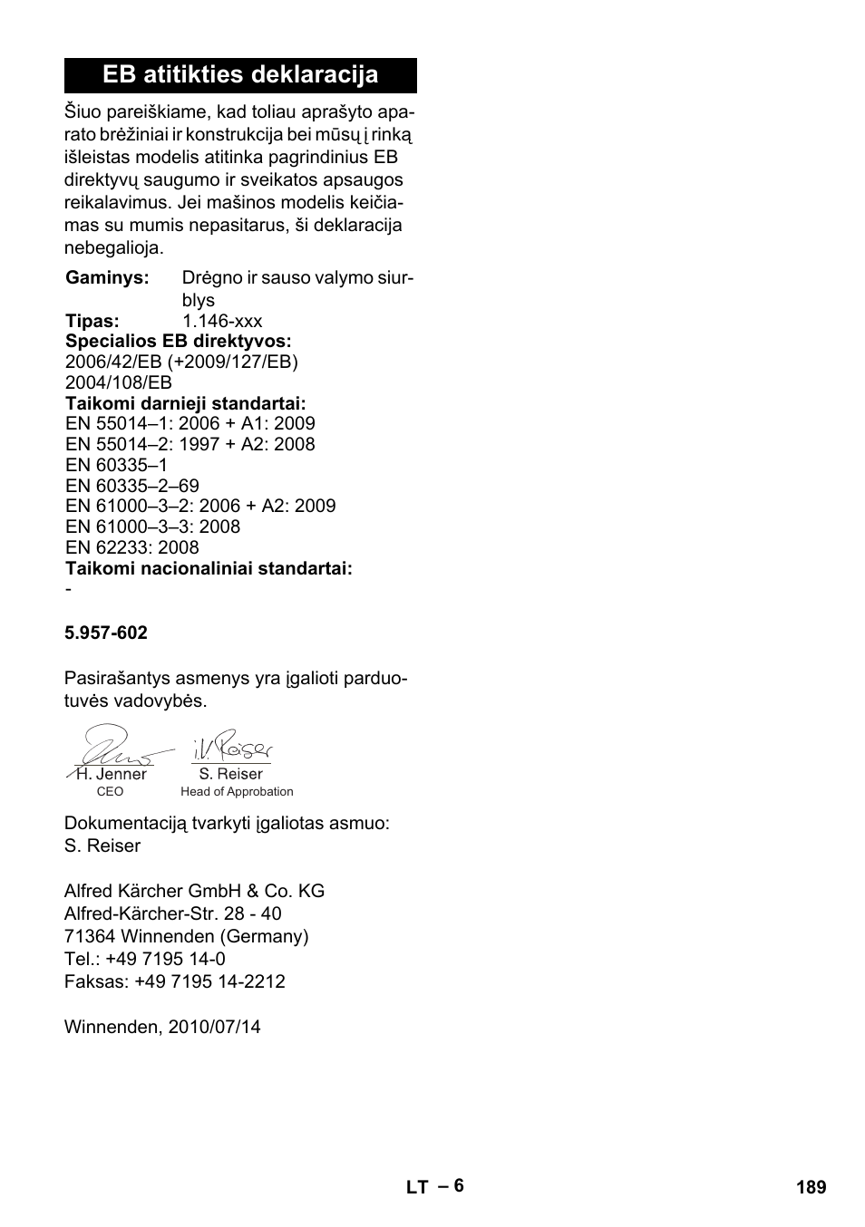 Eb atitikties deklaracija | Karcher NT 611 Eco K User Manual | Page 189 / 204