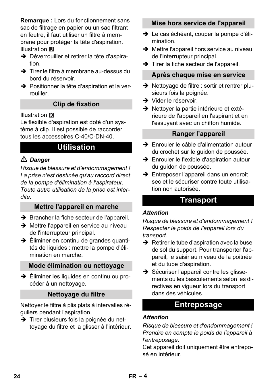 Utilisation, Transport entreposage | Karcher NT 611 Eco K User Manual | Page 24 / 204