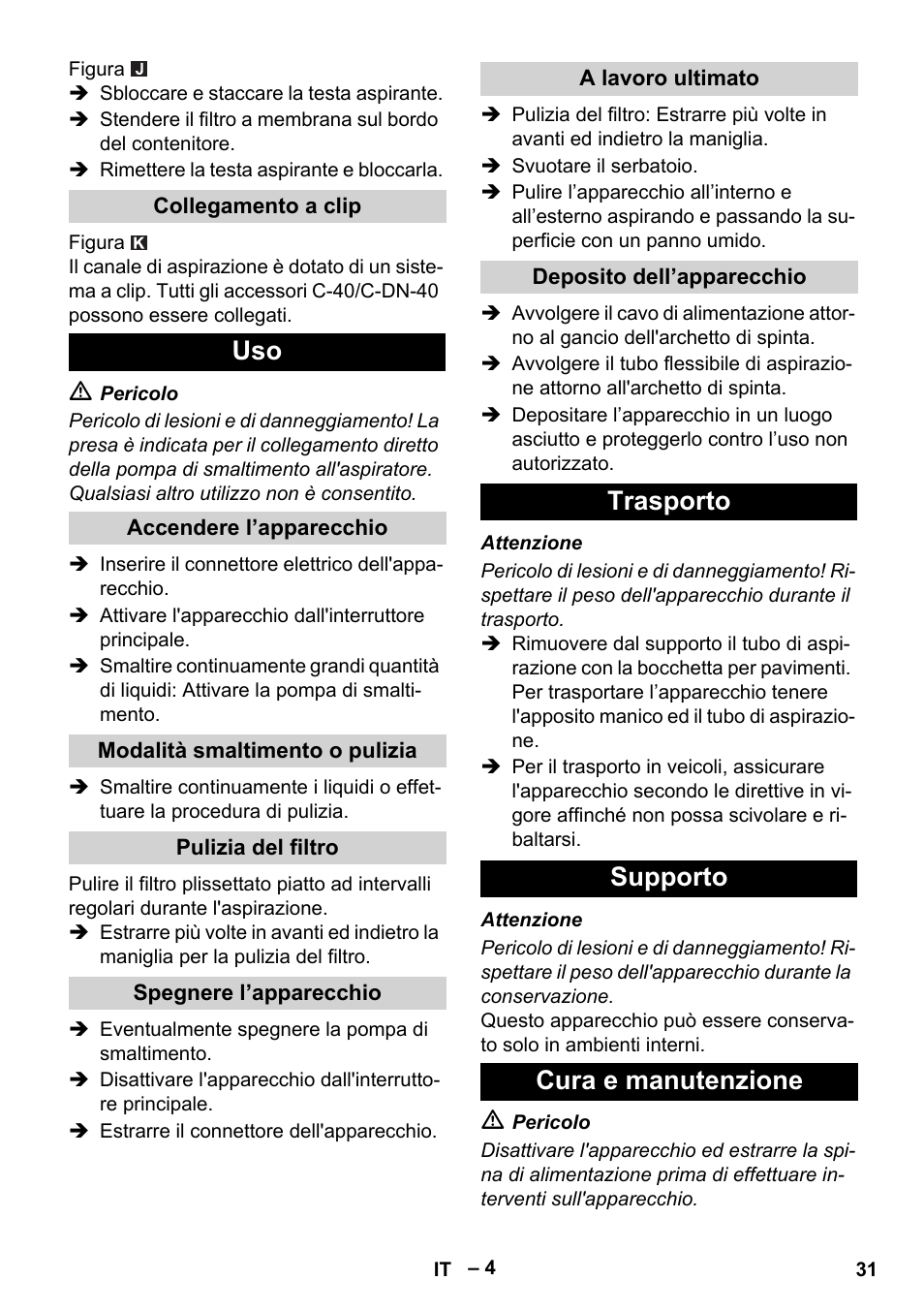 Trasporto supporto cura e manutenzione | Karcher NT 611 Eco K User Manual | Page 31 / 204