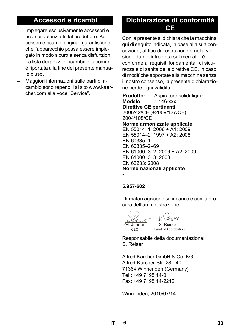 Accessori e ricambi dichiarazione di conformità ce | Karcher NT 611 Eco K User Manual | Page 33 / 204