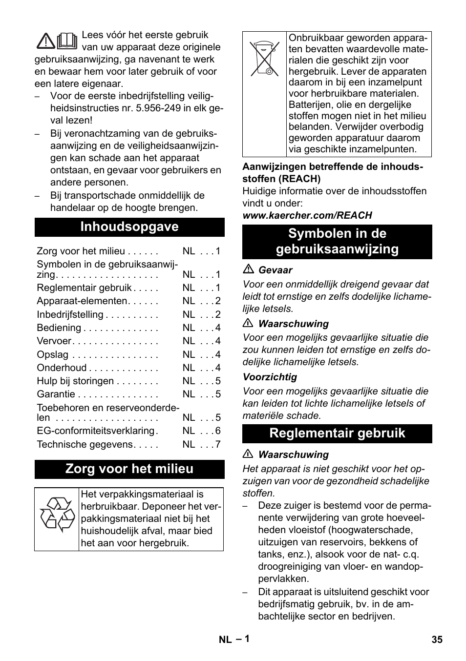 Nederlands, Inhoudsopgave, Zorg voor het milieu | Karcher NT 611 Eco K User Manual | Page 35 / 204