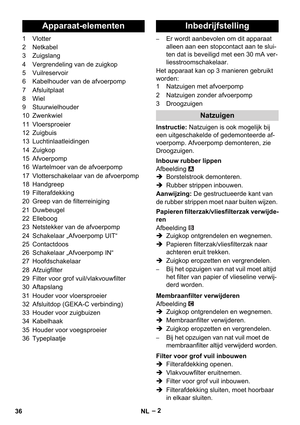 Apparaat-elementen inbedrijfstelling | Karcher NT 611 Eco K User Manual | Page 36 / 204