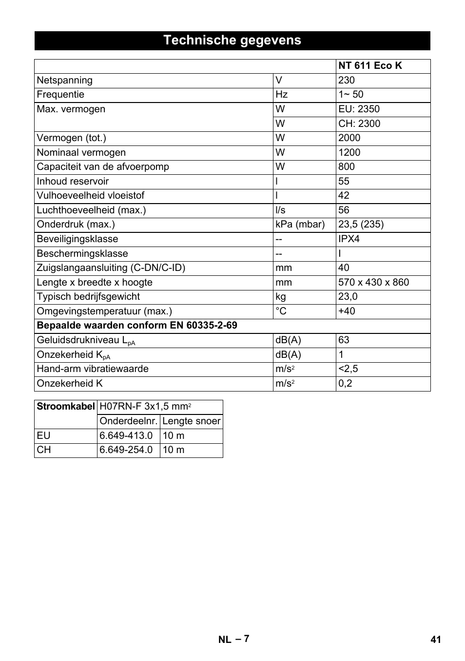 Technische gegevens | Karcher NT 611 Eco K User Manual | Page 41 / 204