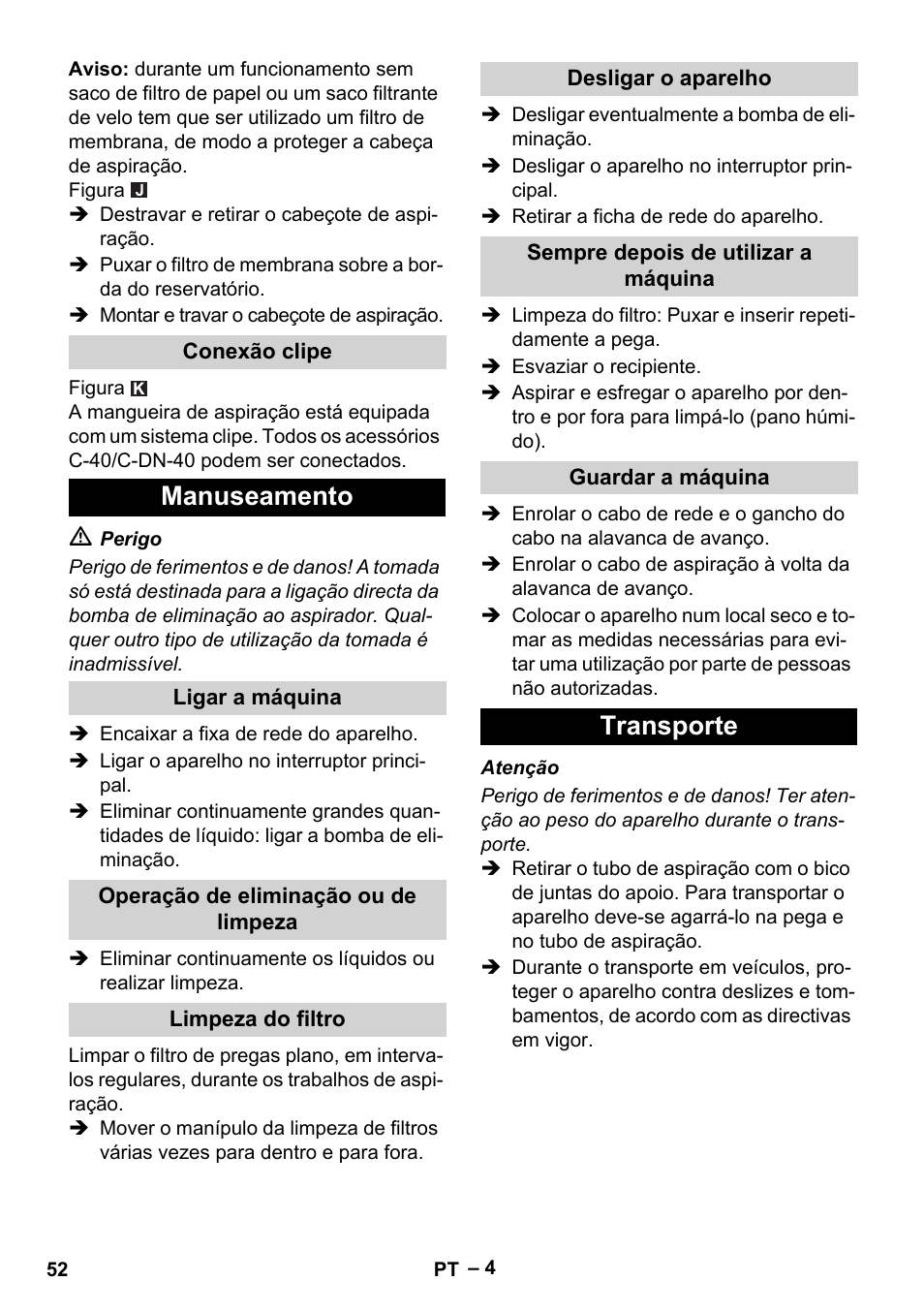 Manuseamento, Transporte | Karcher NT 611 Eco K User Manual | Page 52 / 204