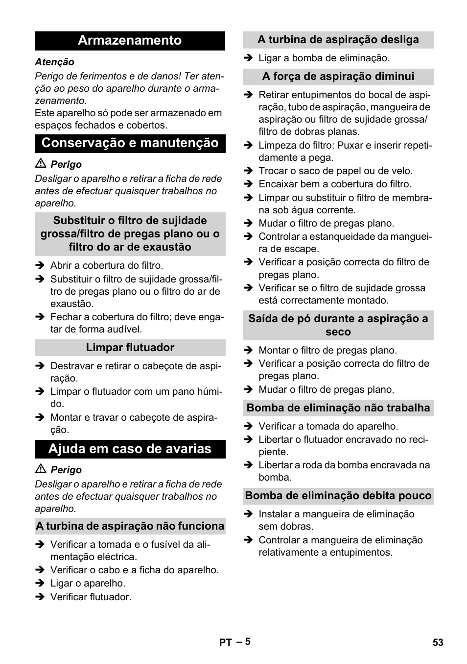 Armazenamento conservação e manutenção, Ajuda em caso de avarias | Karcher NT 611 Eco K User Manual | Page 53 / 204