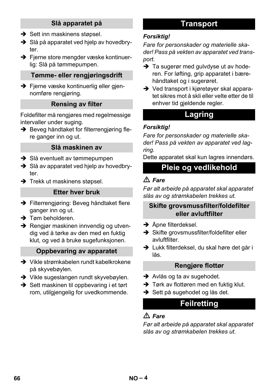 Transport lagring pleie og vedlikehold, Feilretting | Karcher NT 611 Eco K User Manual | Page 66 / 204