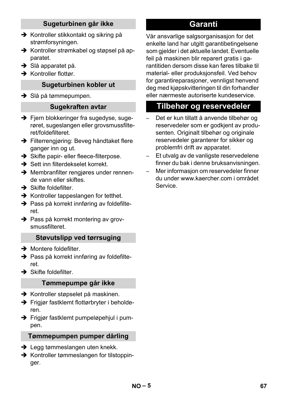 Garanti tilbehør og reservedeler | Karcher NT 611 Eco K User Manual | Page 67 / 204