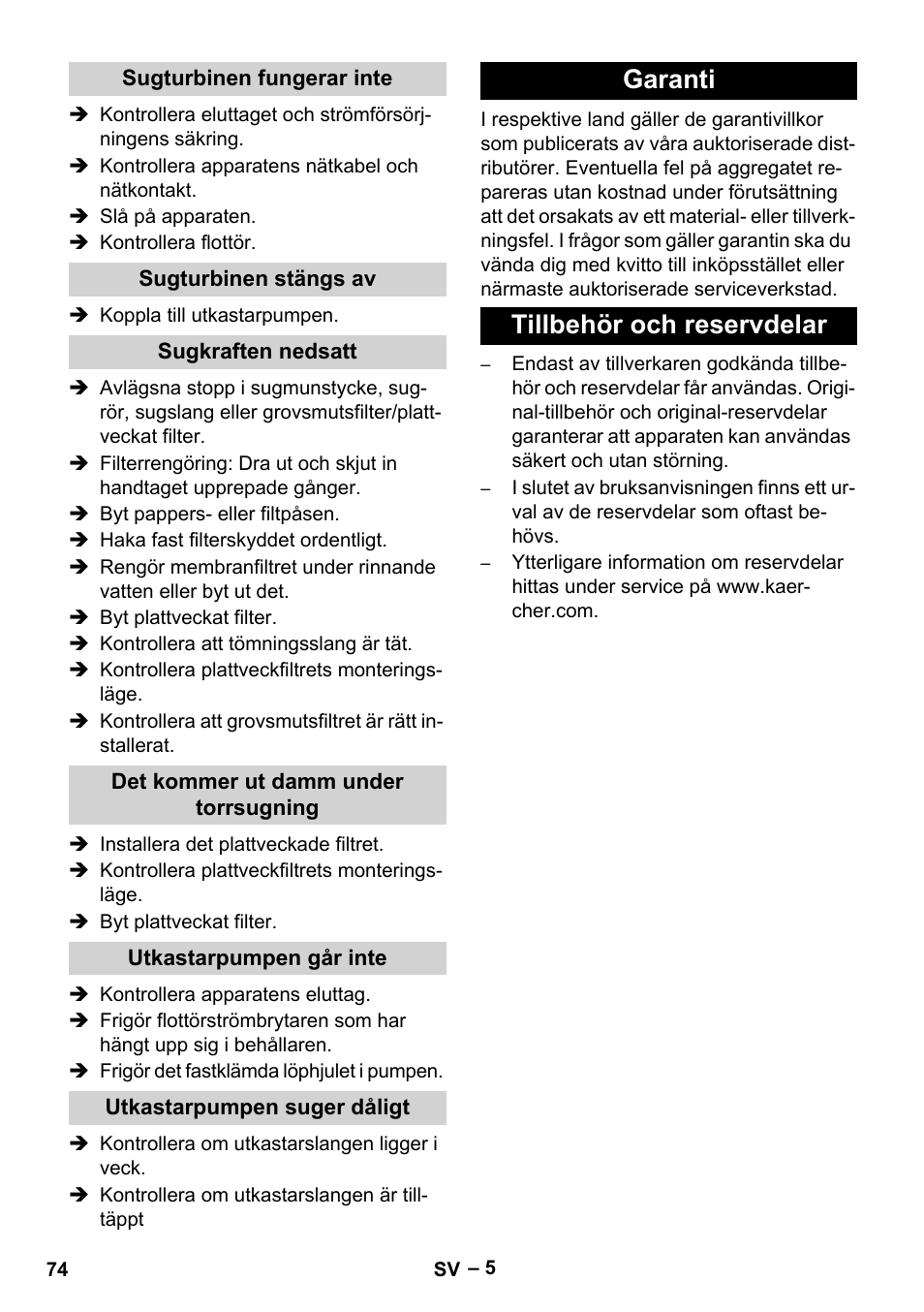 Garanti tillbehör och reservdelar | Karcher NT 611 Eco K User Manual | Page 74 / 204