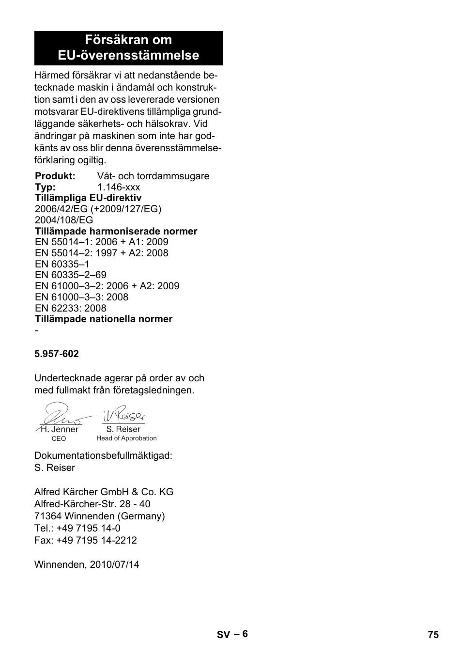 Försäkran om eu-överensstämmelse | Karcher NT 611 Eco K User Manual | Page 75 / 204