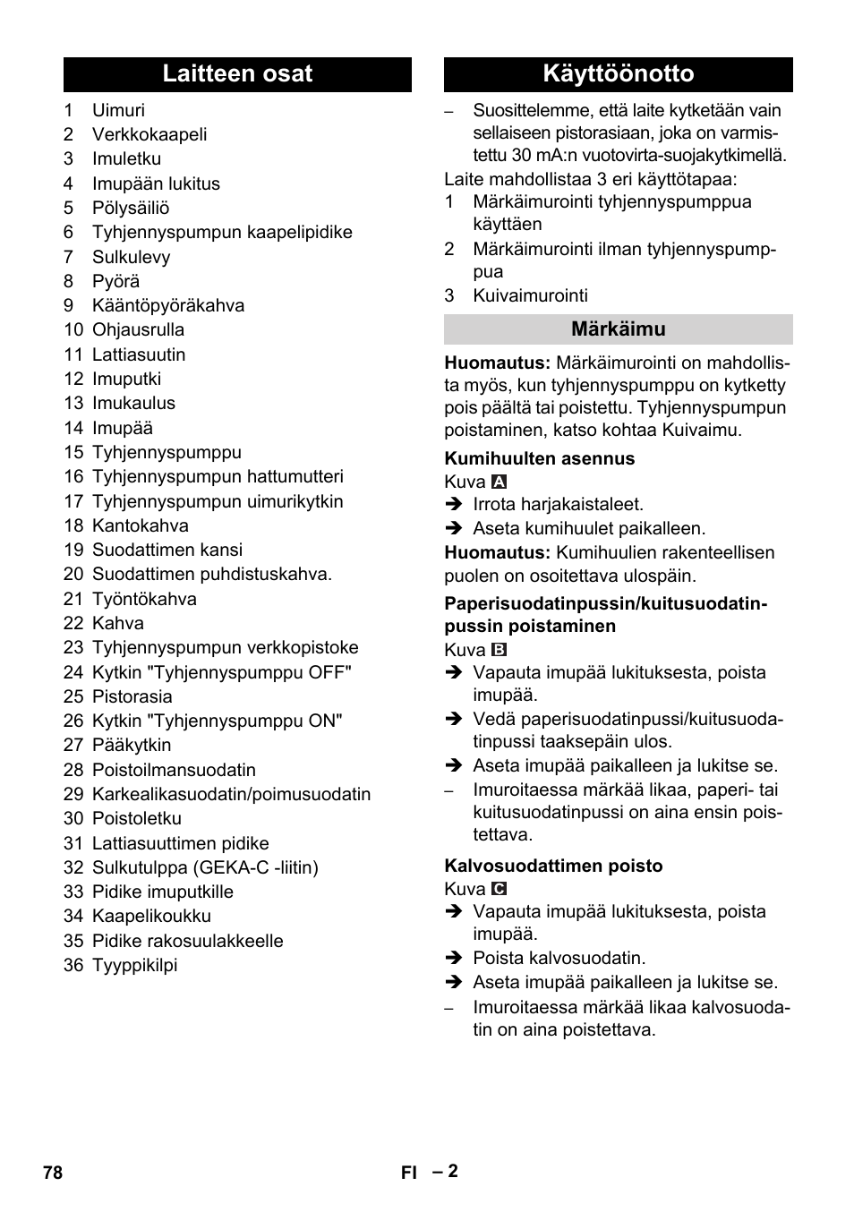 Laitteen osat käyttöönotto | Karcher NT 611 Eco K User Manual | Page 78 / 204