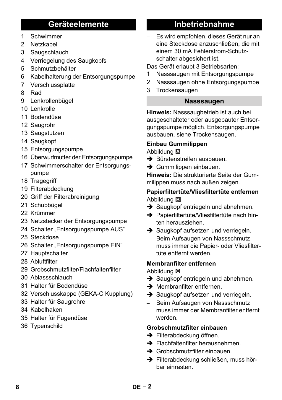 Geräteelemente inbetriebnahme | Karcher NT 611 Eco K User Manual | Page 8 / 204