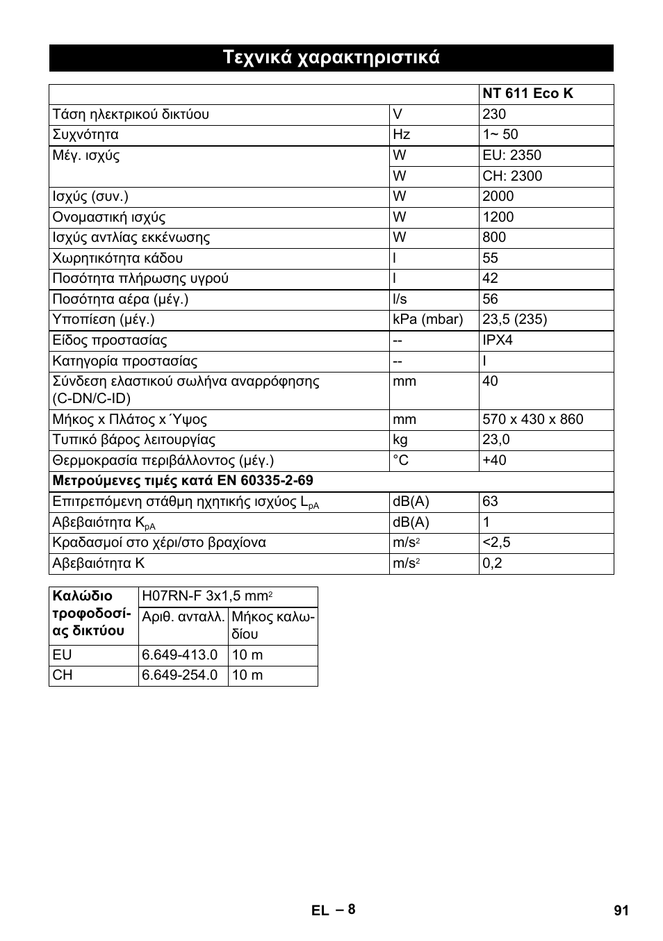 Τεχνικά χαρακτηριστικά | Karcher NT 611 Eco K User Manual | Page 91 / 204