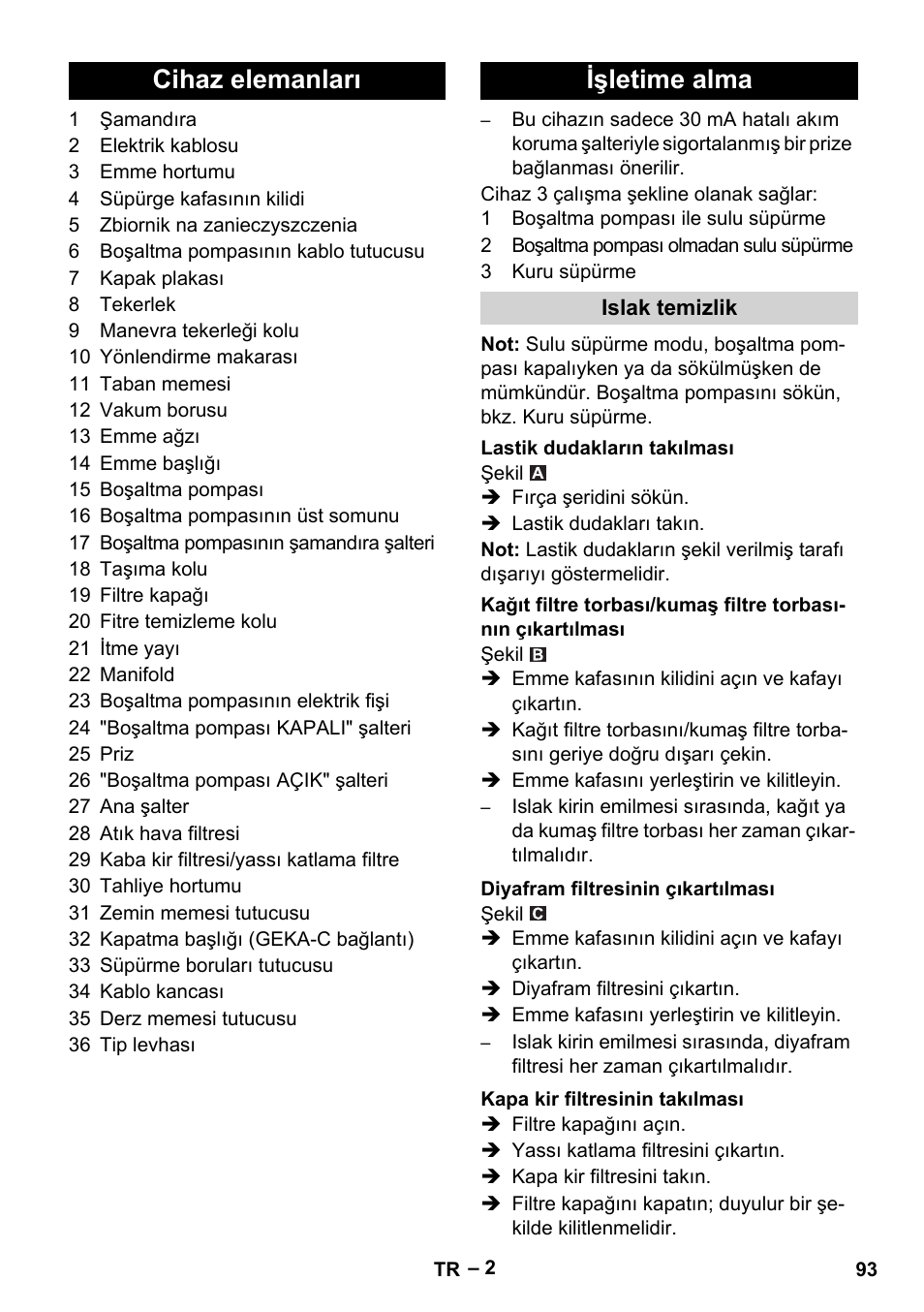 Cihaz elemanları işletime alma | Karcher NT 611 Eco K User Manual | Page 93 / 204