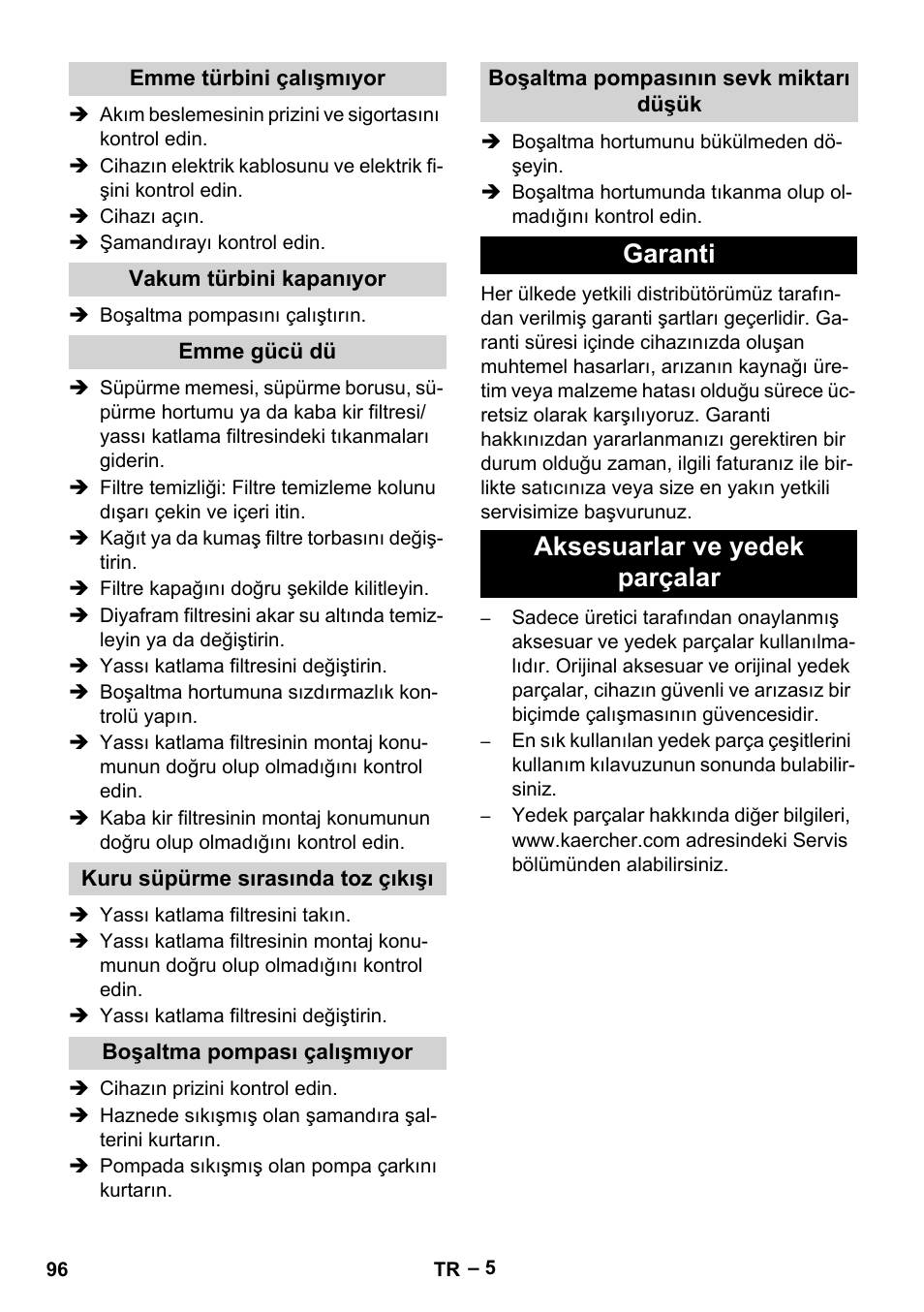 Garanti aksesuarlar ve yedek parçalar | Karcher NT 611 Eco K User Manual | Page 96 / 204