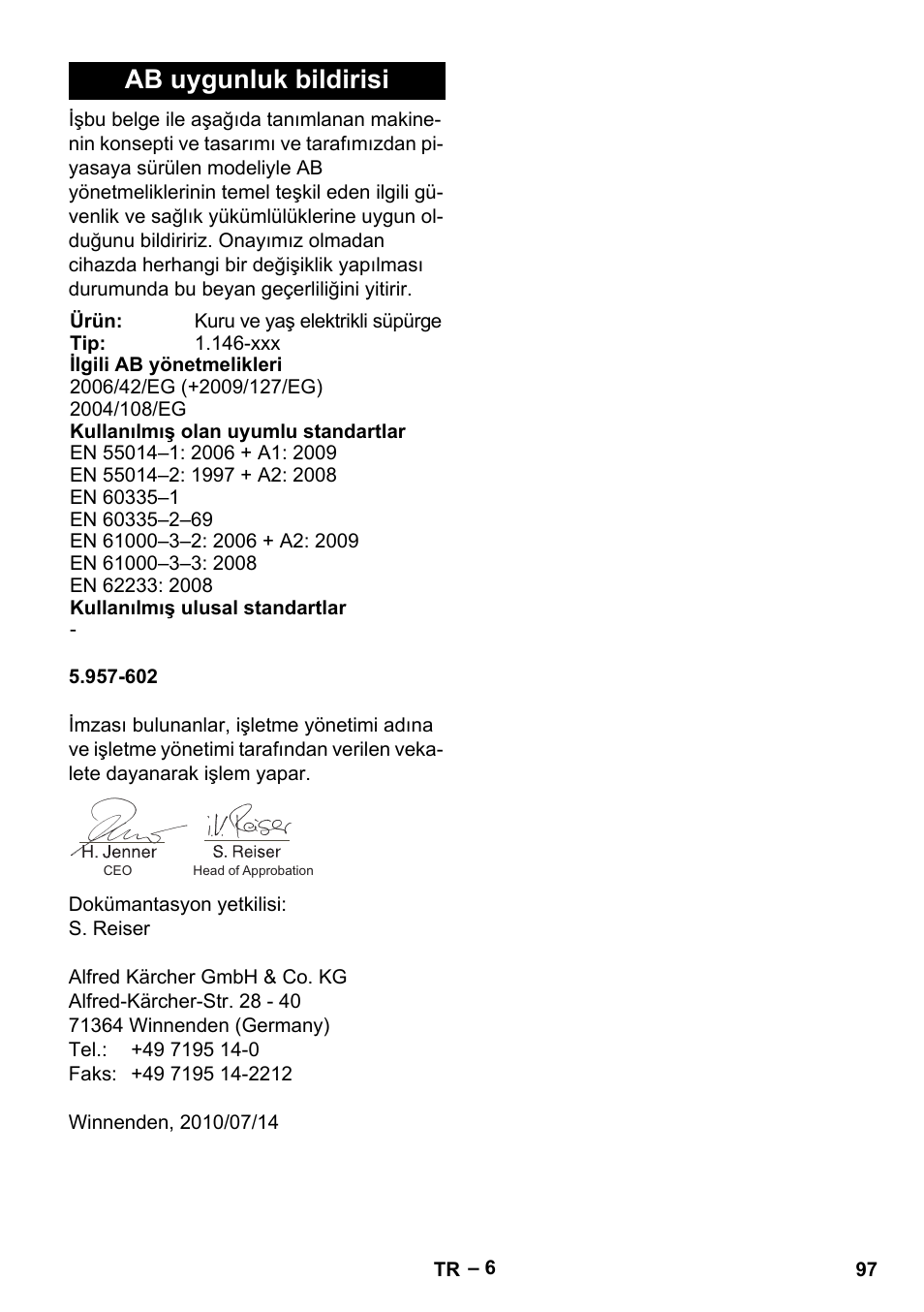 Ab uygunluk bildirisi | Karcher NT 611 Eco K User Manual | Page 97 / 204