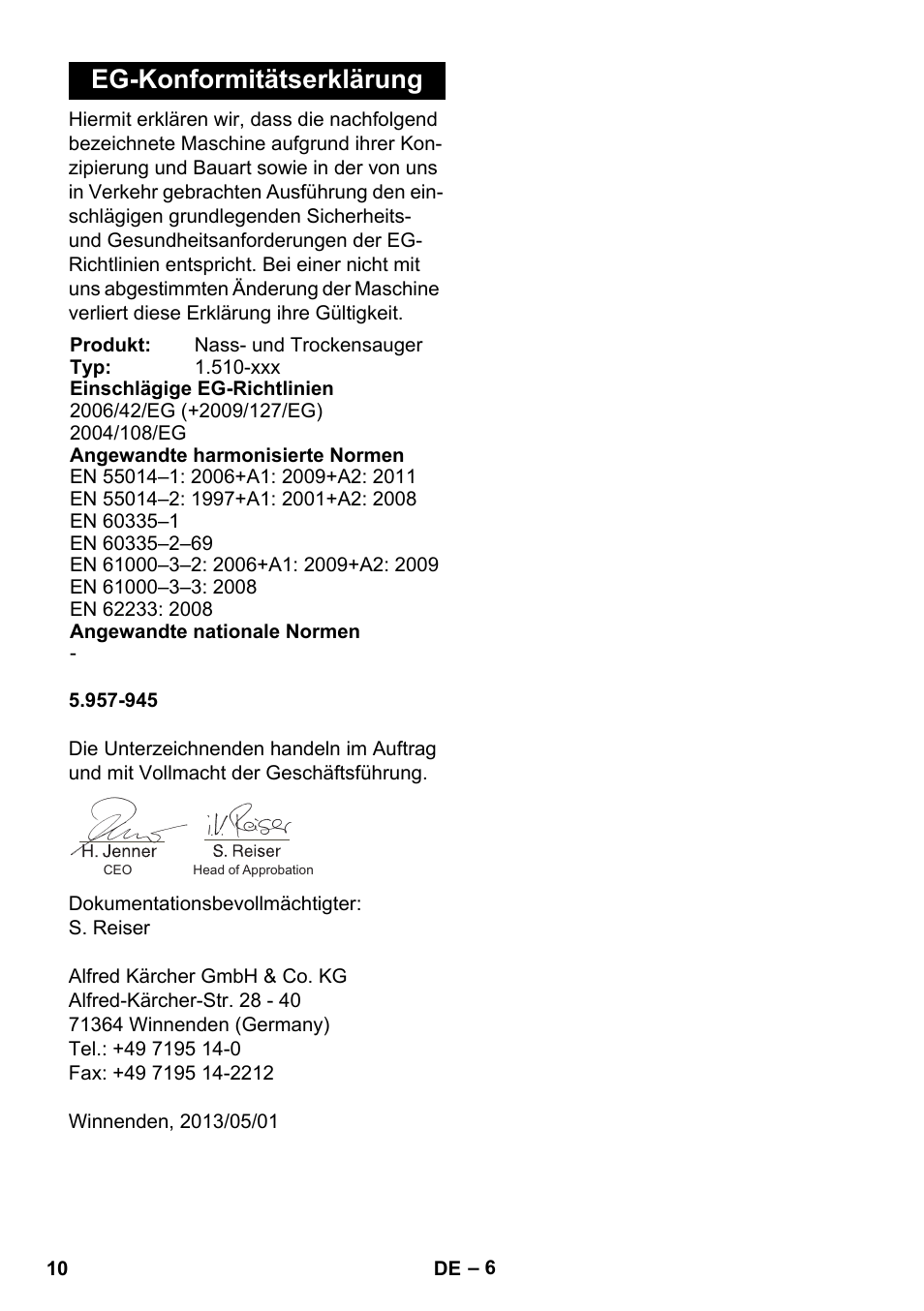 Eg-konformitätserklärung | Karcher NT 14-1 Ap Te Adv User Manual | Page 10 / 200