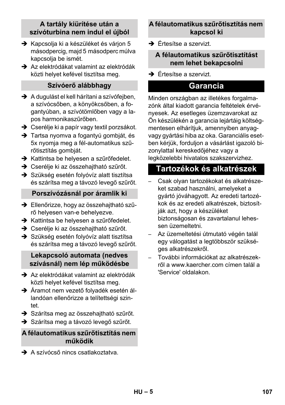 Garancia tartozékok és alkatrészek | Karcher NT 14-1 Ap Te Adv User Manual | Page 107 / 200