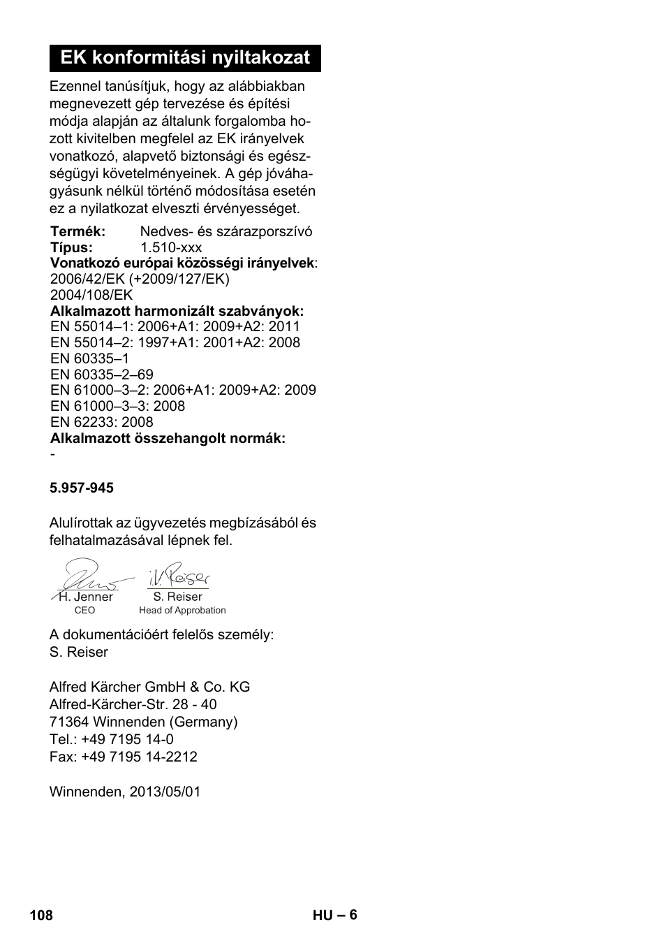 Ek konformitási nyiltakozat | Karcher NT 14-1 Ap Te Adv User Manual | Page 108 / 200