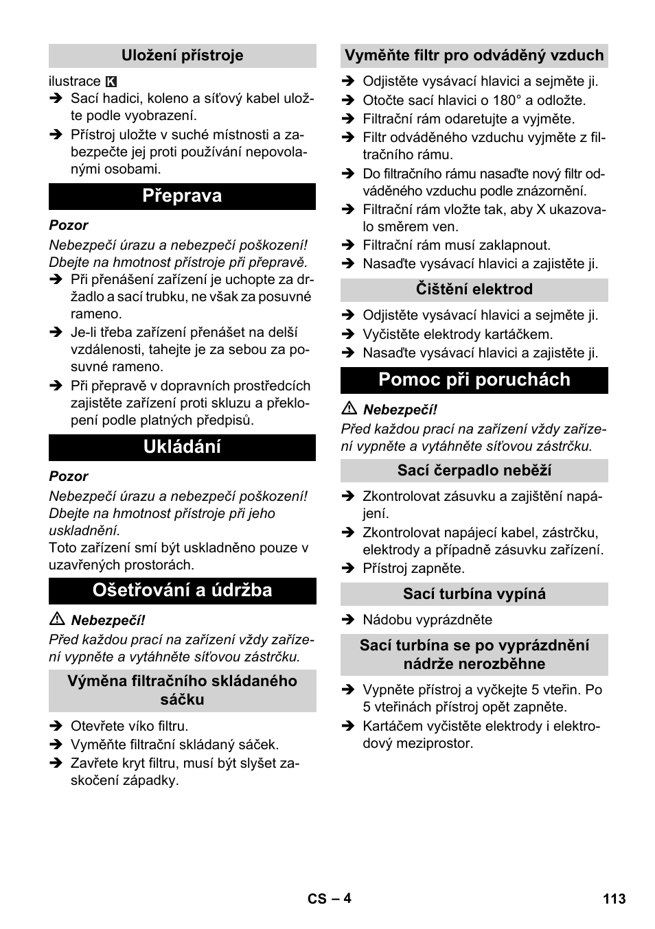 Přeprava ukládání ošetřování a údržba, Pomoc při poruchách | Karcher NT 14-1 Ap Te Adv User Manual | Page 113 / 200