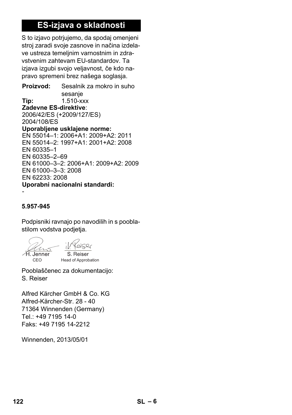 Es-izjava o skladnosti | Karcher NT 14-1 Ap Te Adv User Manual | Page 122 / 200