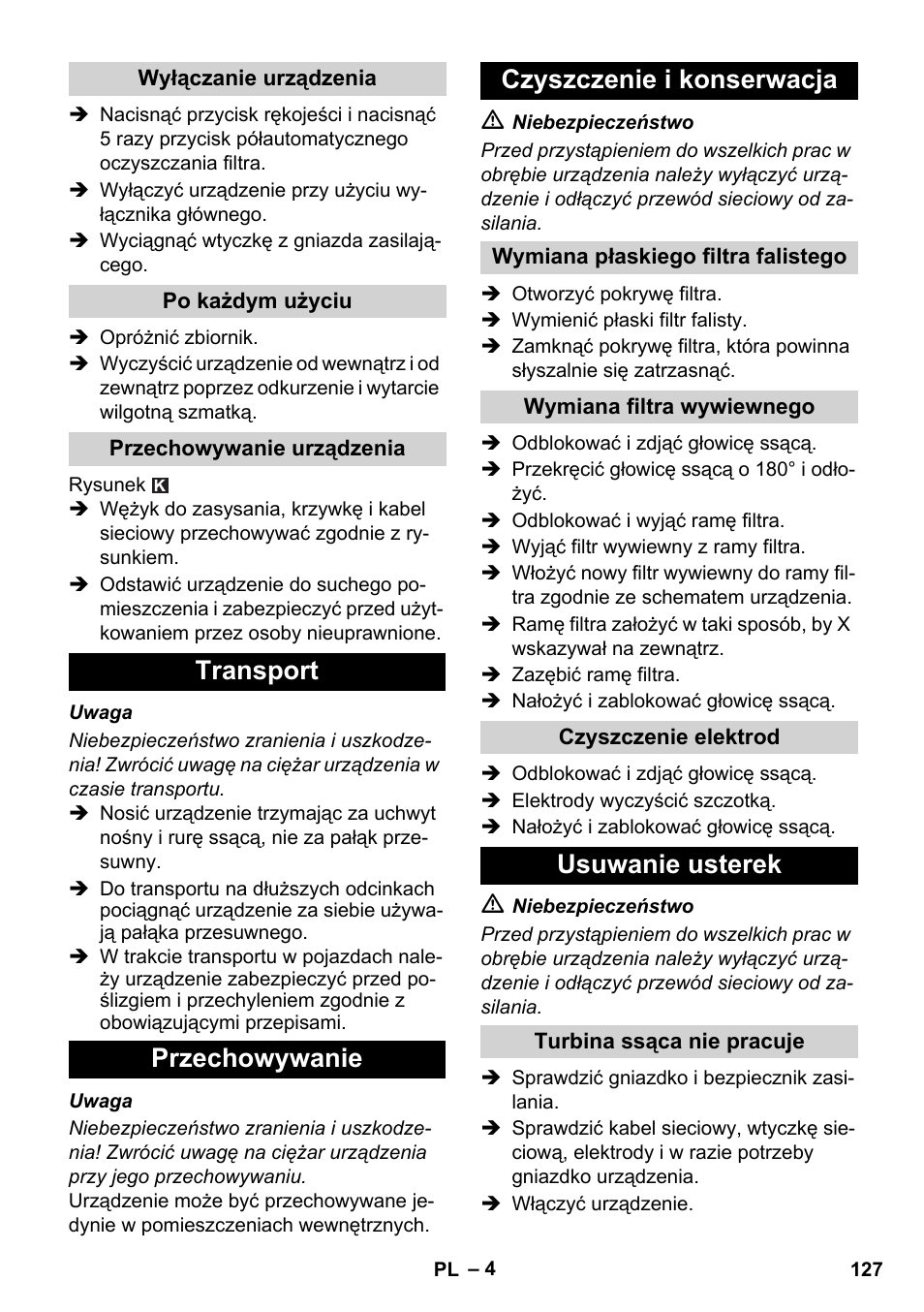 Transport przechowywanie czyszczenie i konserwacja, Usuwanie usterek | Karcher NT 14-1 Ap Te Adv User Manual | Page 127 / 200