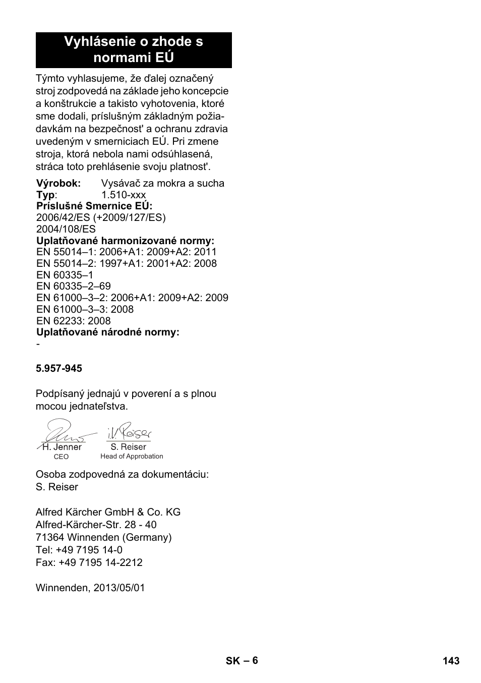 Vyhlásenie o zhode s normami eú | Karcher NT 14-1 Ap Te Adv User Manual | Page 143 / 200