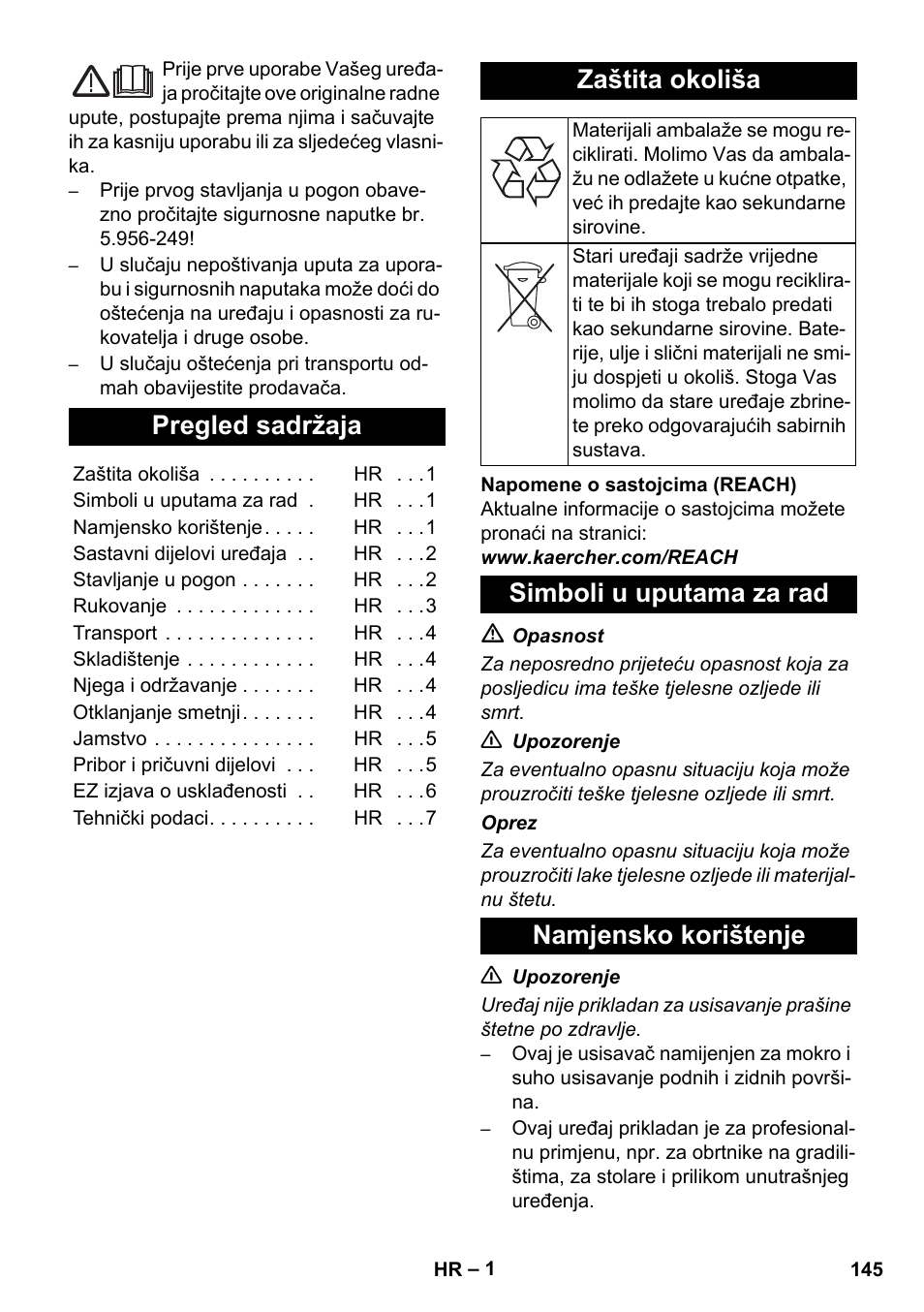 Hrvatski, Pregled sadržaja, Zaštita okoliša | Simboli u uputama za rad namjensko korištenje | Karcher NT 14-1 Ap Te Adv User Manual | Page 145 / 200