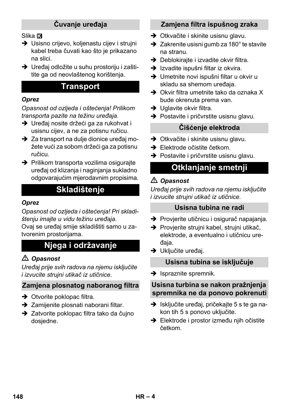 Transport skladištenje njega i održavanje, Otklanjanje smetnji | Karcher NT 14-1 Ap Te Adv User Manual | Page 148 / 200