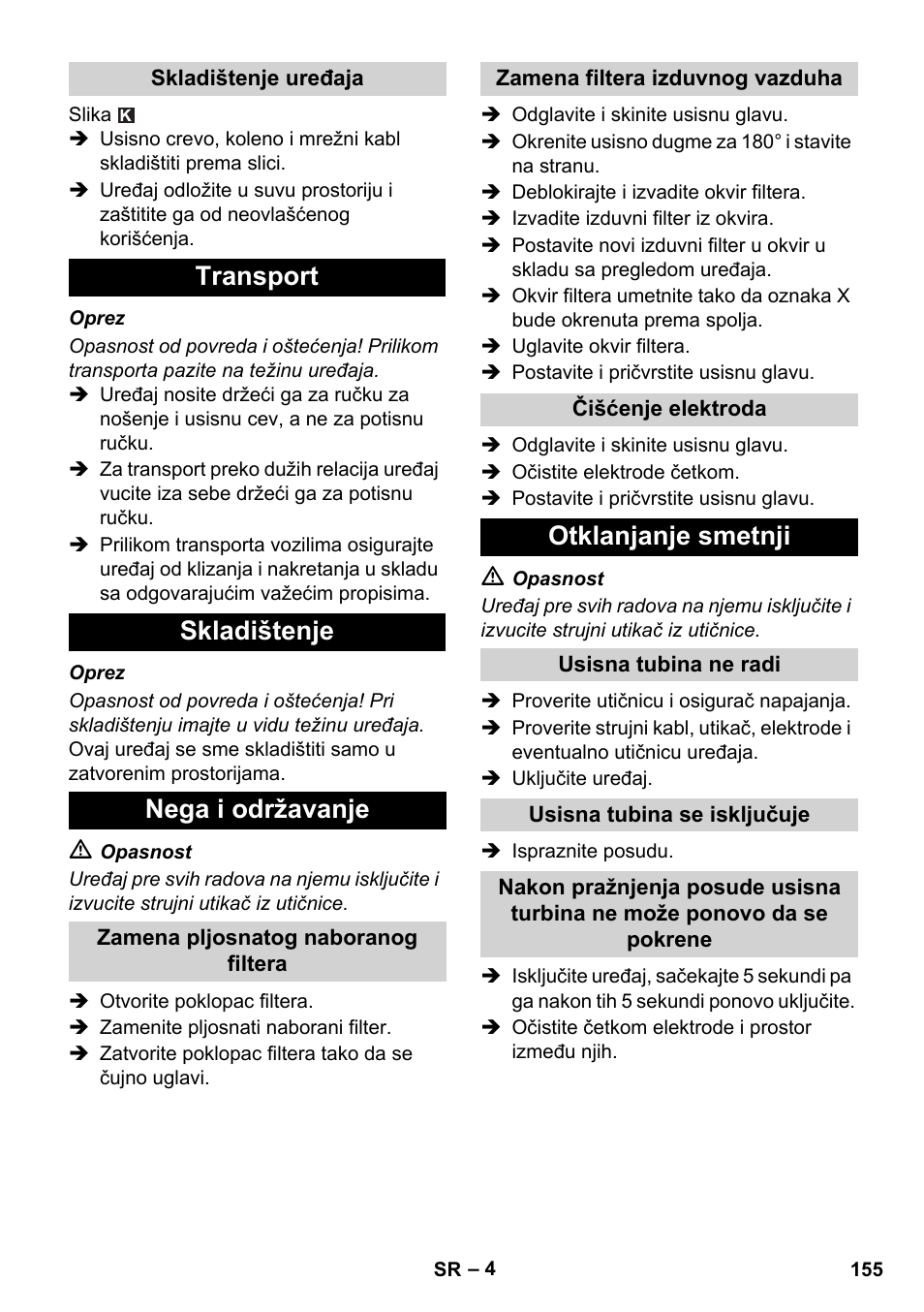 Transport skladištenje nega i održavanje, Otklanjanje smetnji | Karcher NT 14-1 Ap Te Adv User Manual | Page 155 / 200