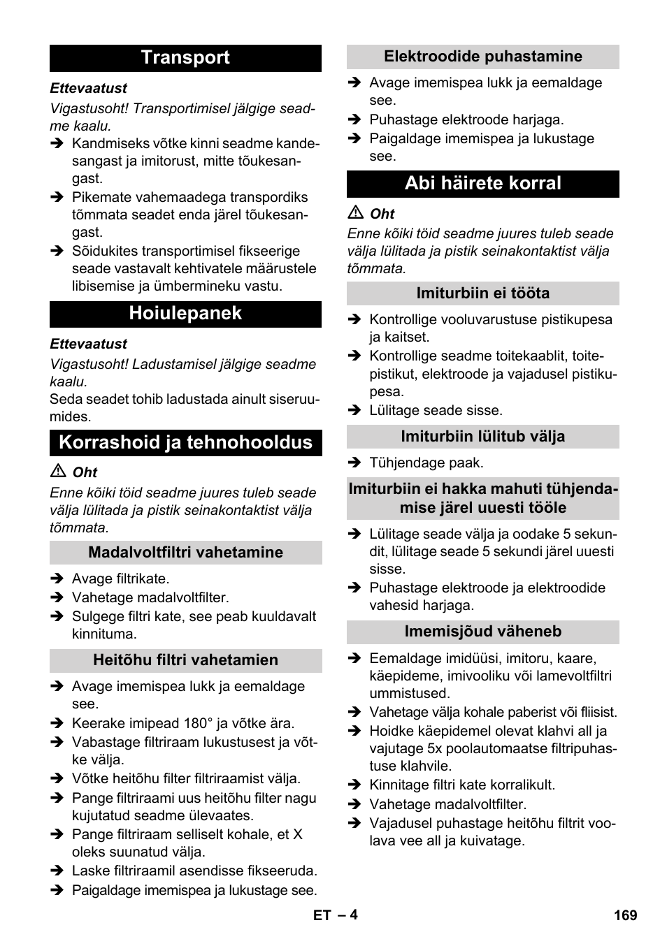 Transport hoiulepanek korrashoid ja tehnohooldus, Abi häirete korral | Karcher NT 14-1 Ap Te Adv User Manual | Page 169 / 200