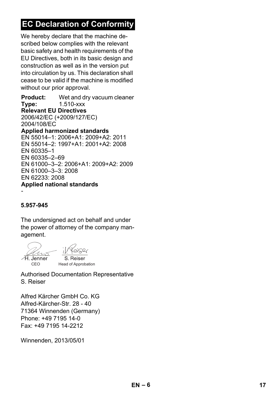 Ec declaration of conformity | Karcher NT 14-1 Ap Te Adv User Manual | Page 17 / 200