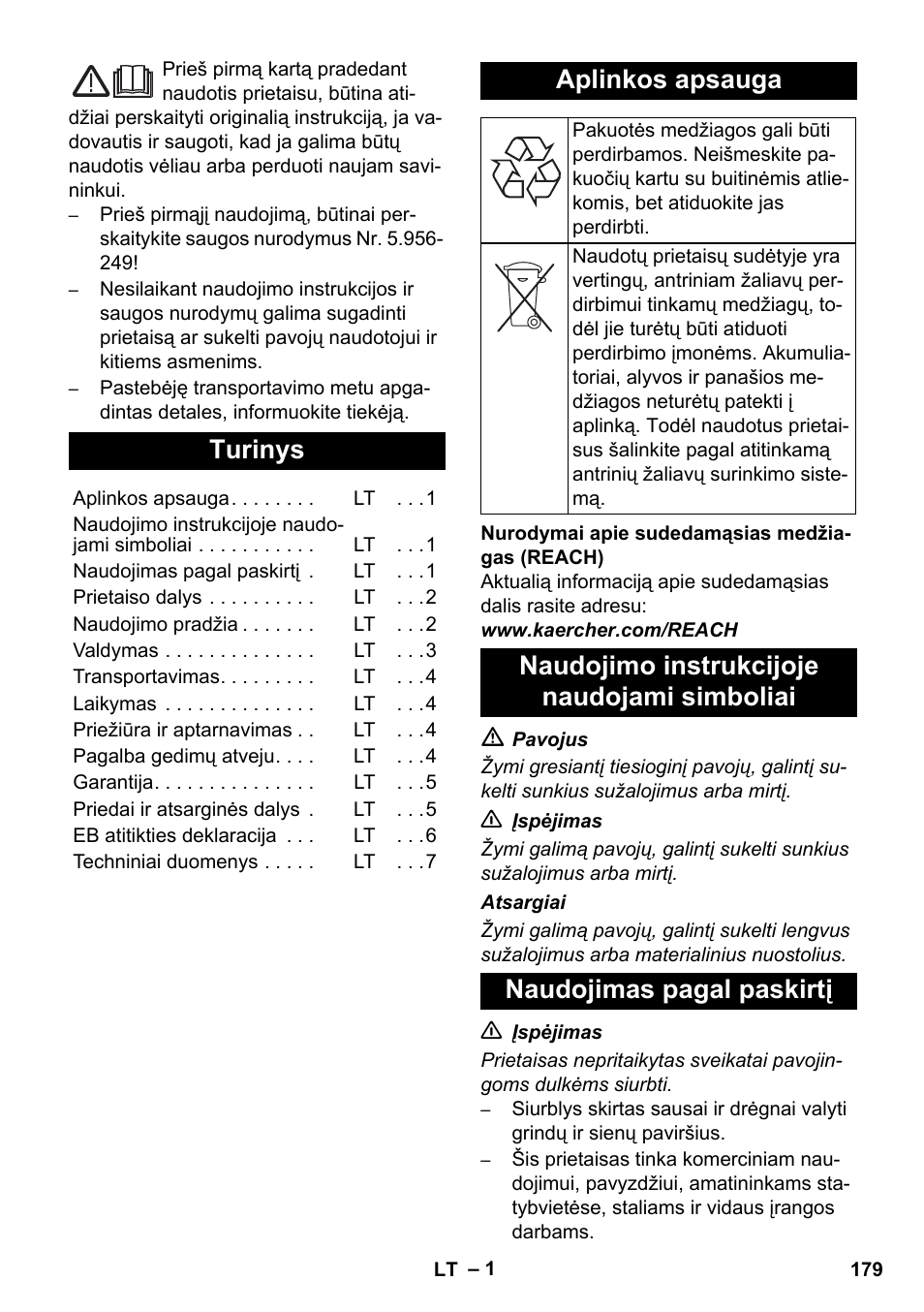 Lietuviškai, Turinys, Aplinkos apsauga | Karcher NT 14-1 Ap Te Adv User Manual | Page 179 / 200