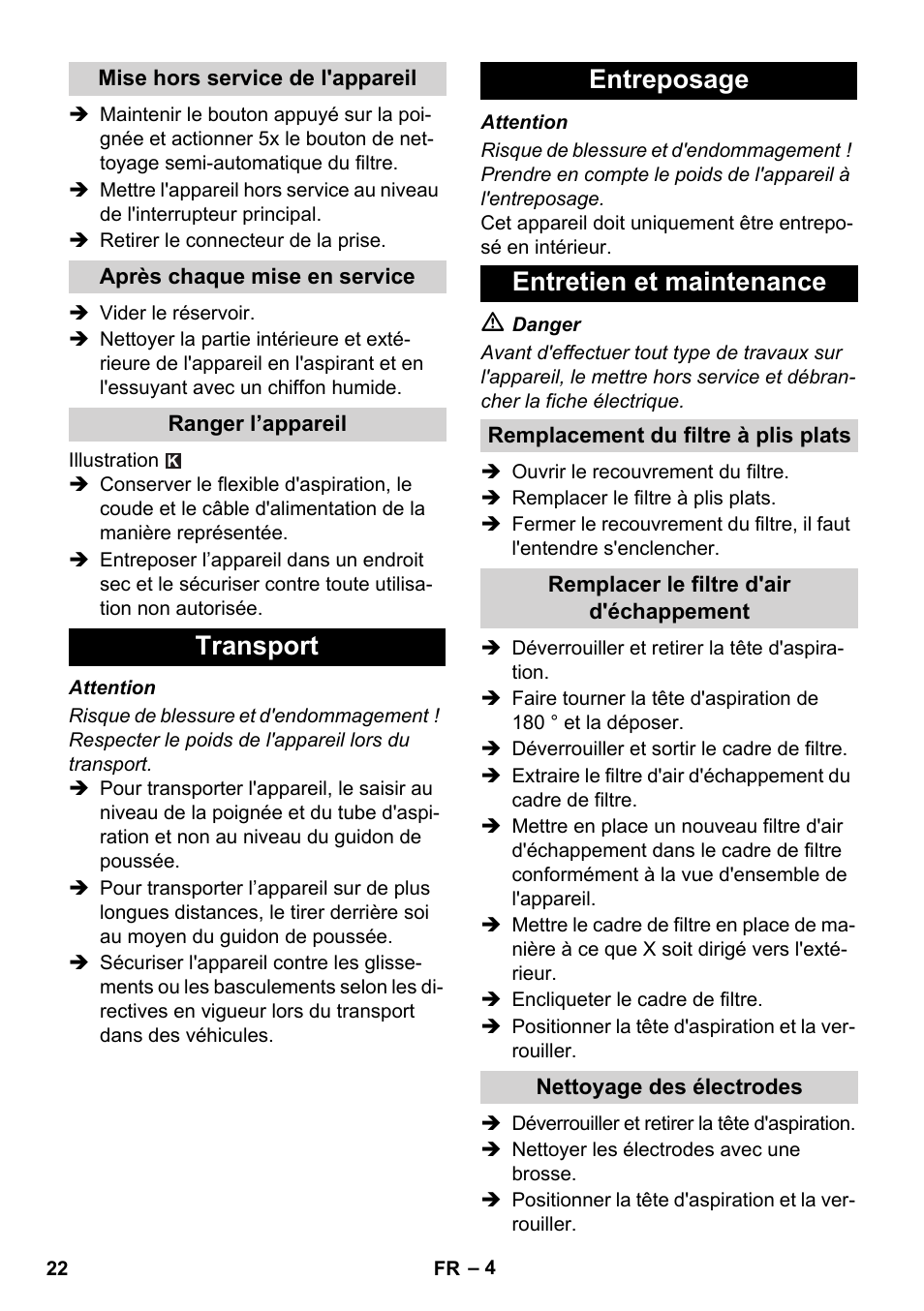 Transport entreposage entretien et maintenance | Karcher NT 14-1 Ap Te Adv User Manual | Page 22 / 200