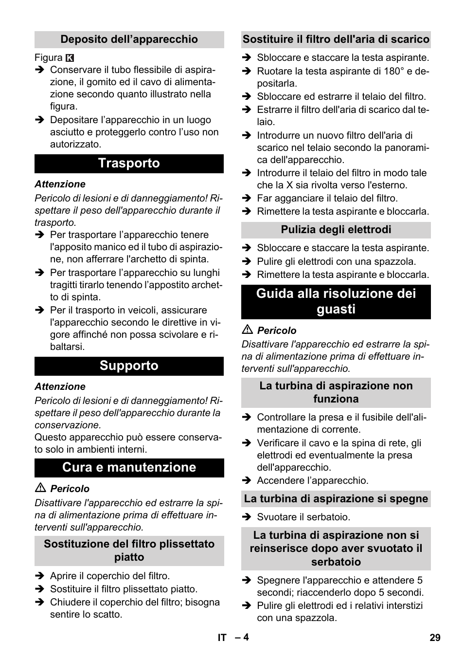 Trasporto supporto cura e manutenzione, Guida alla risoluzione dei guasti | Karcher NT 14-1 Ap Te Adv User Manual | Page 29 / 200