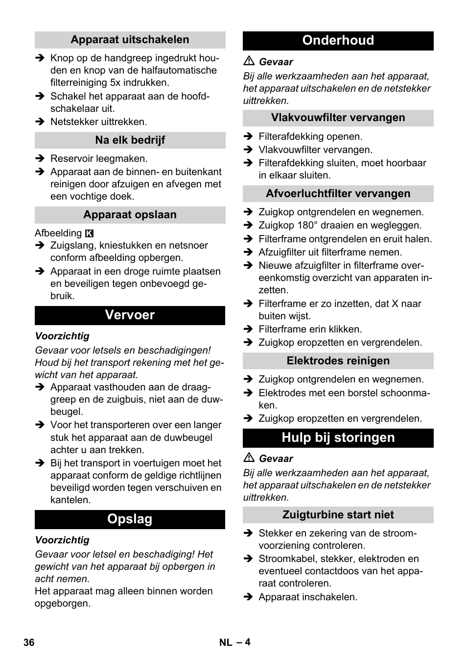 Vervoer opslag onderhoud, Hulp bij storingen | Karcher NT 14-1 Ap Te Adv User Manual | Page 36 / 200