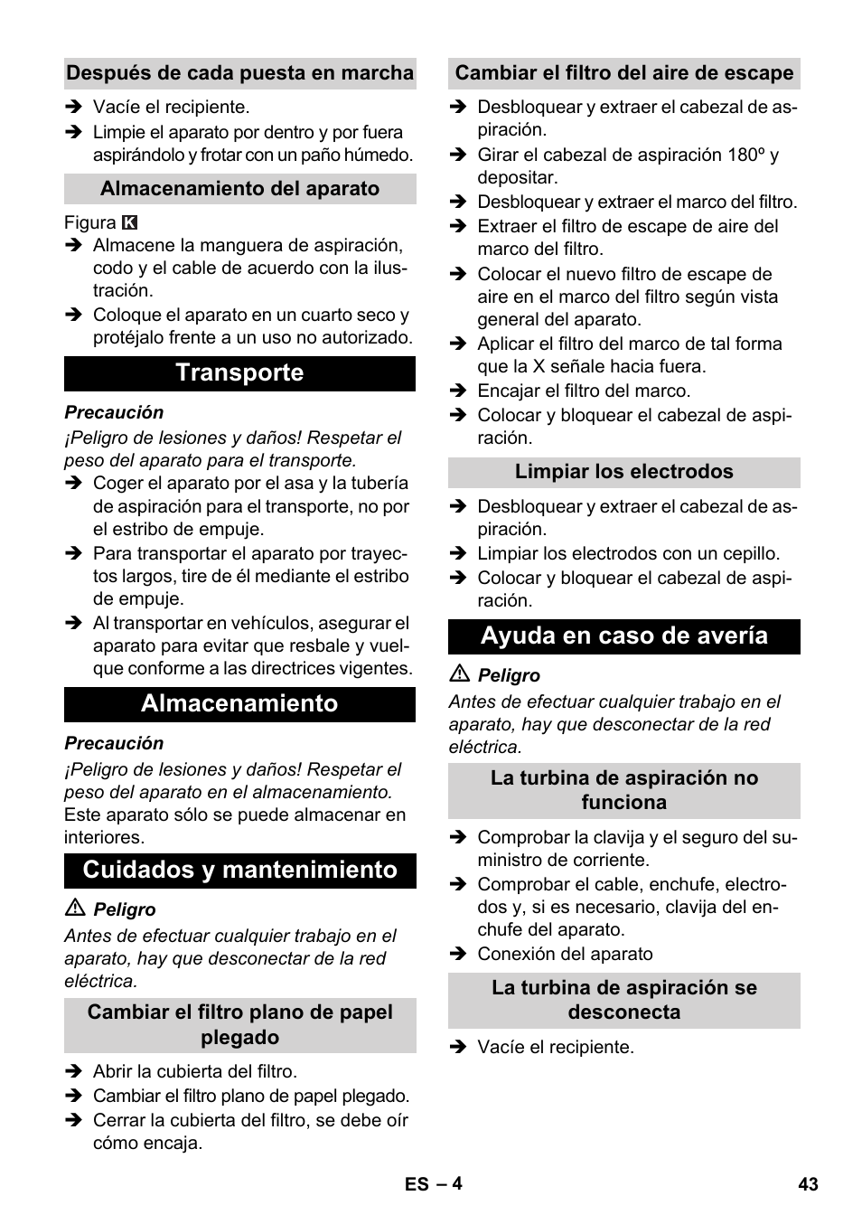 Transporte almacenamiento cuidados y mantenimiento, Ayuda en caso de avería | Karcher NT 14-1 Ap Te Adv User Manual | Page 43 / 200