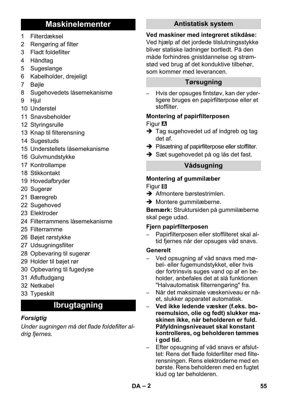 Maskinelementer ibrugtagning | Karcher NT 14-1 Ap Te Adv User Manual | Page 55 / 200